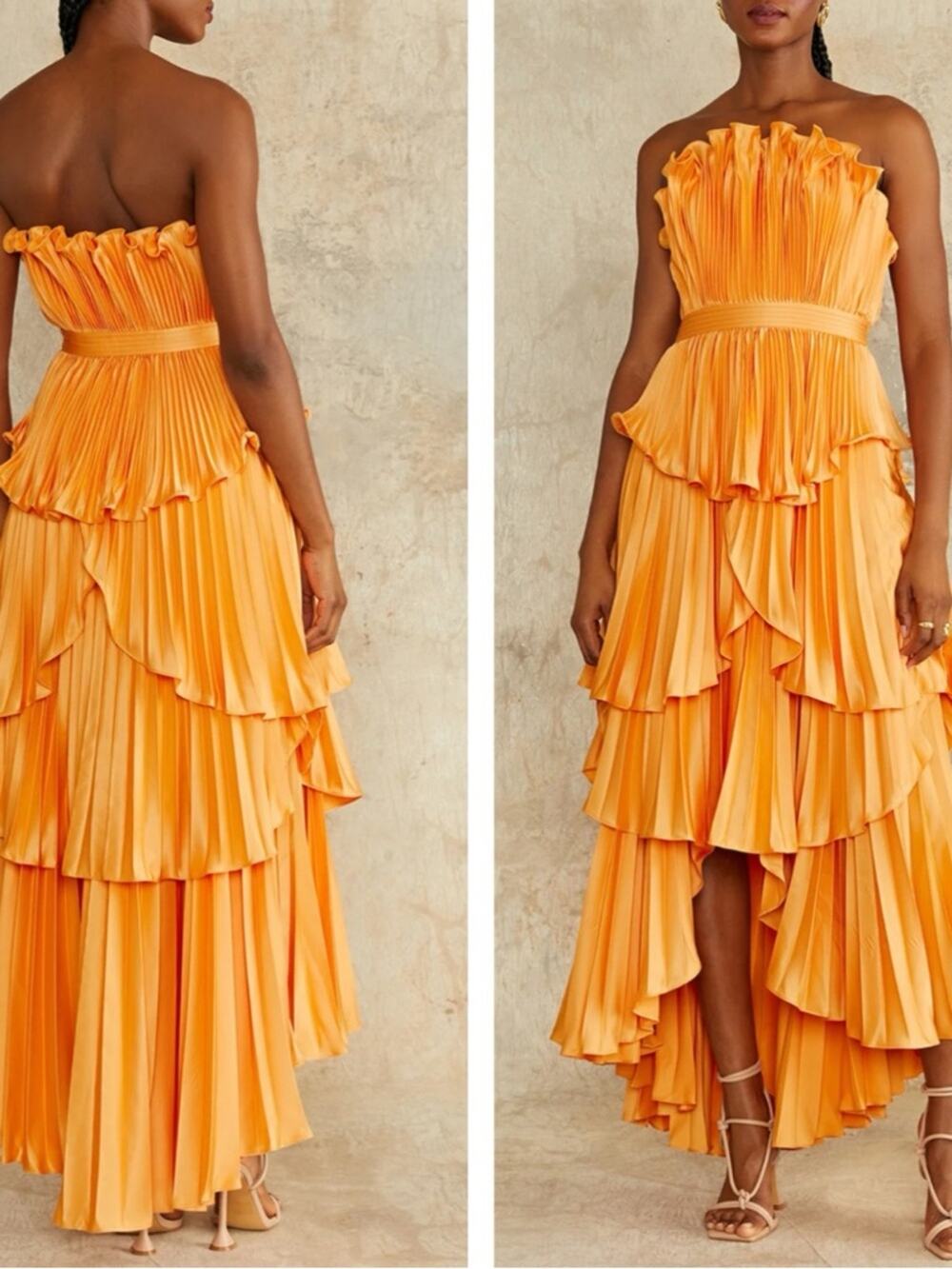 AMUR Janey Strapless Tiered Ruffle Orange Maxi Dress Size 4